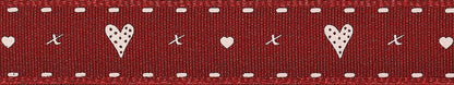 Berisfords Ribbon Hearts and Kisses Ribbon: 15mm: Red. Price per metre.  - The Sewing Studio