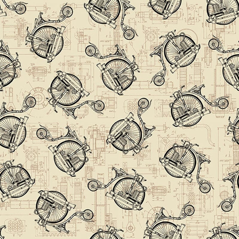 Blank Quilting Fabric Alternative Age Steampunk Fabric Bicycles Parchment 2321-41  - The Sewing Studio