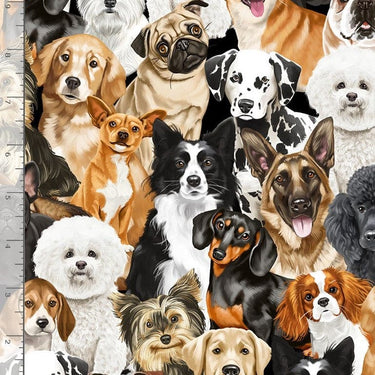 Realistic Dogs Assorted Breeds Fabric Black