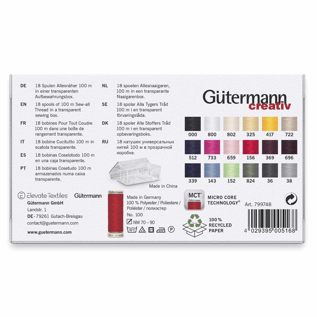 Gutermann Threads Gutermann Thread Set Polyester Sew-All thread 100m Pack of 18  - The Sewing Studio