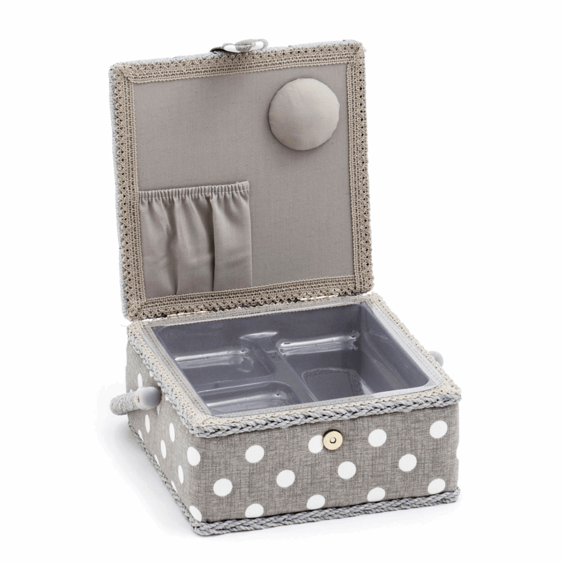 Hobby Gift Baskets Sewing Box Square Grey Linen Polka Dot Small  - The Sewing Studio