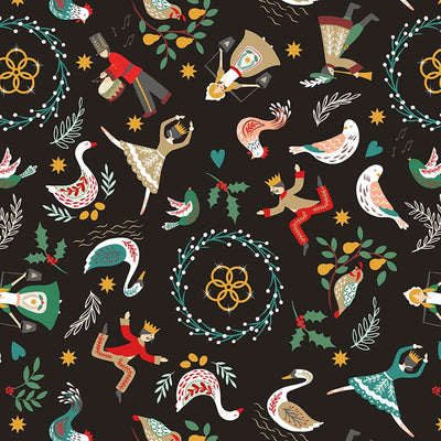 Lewis And Irene 12 Days Of Christmas Fabric Lords A Leaping Multi On Black C81-3