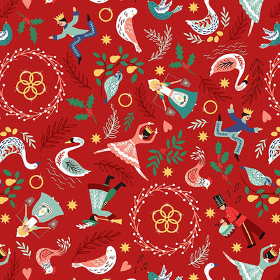 Lewis And Irene 12 Days Of Christmas Fabric Lords A Leaping Multi On Red C81-1