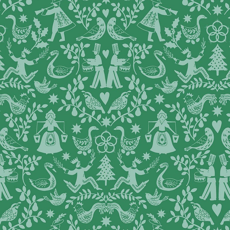 Green Christmas Lewis and Irene Fabric Lewis And Irene 12 Days Of Christmas Fabric 12 Days Of Christmas Mirrored On Green C80-2 - The Sewing Studio