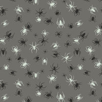 Lewis And Irene Haunted House Fabric Glow In The Dark Spiders On Grey A602-1