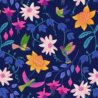 Lewis And Irene Hibiscus Hummingbird Fabric Large Floral On Dark Blue A593-3