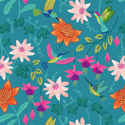 Lewis And Irene Hibiscus Hummingbird Fabric Large Floral On Tropical Blue A593-2