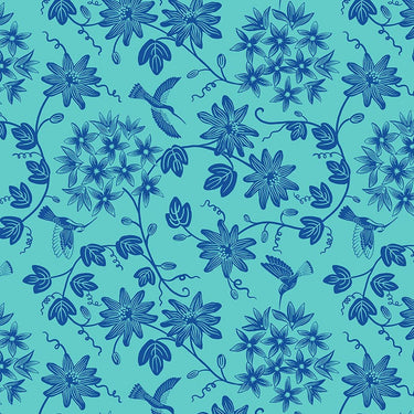 Lewis And Irene Hibiscus Hummingbird Fabric Mono On Blue A595-3