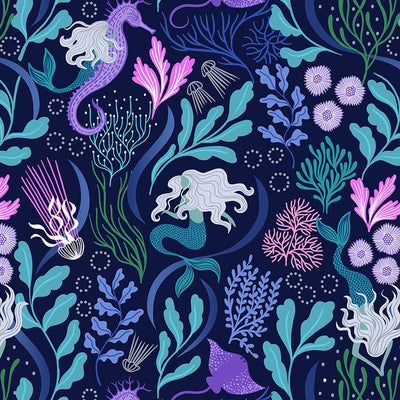Lewis And Irene Moontide Fabric Moontide Mermaids On Dark Blue With Silver Metallic A620-3