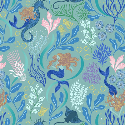 Lewis And Irene Moontide Fabric Moontide Mermaids On Aqua With Gold Metallic A620-2