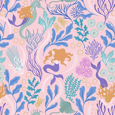 Lewis And Irene Moontide Fabric Moontide Mermaids On Pink With Gold Metallic A620-1