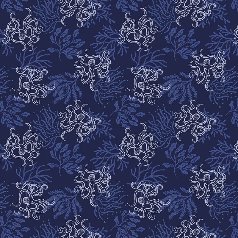 Lewis And Irene Moontide Fabric Silver Metallic Octopus On Dark Blue A621-3