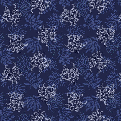 Lewis And Irene Moontide Fabric Silver Metallic Octopus On Dark Blue A621-3