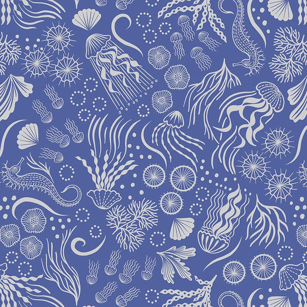 Lewis And Irene Moontide Fabric Silver Metallic Under The Sea On Blue A623-3