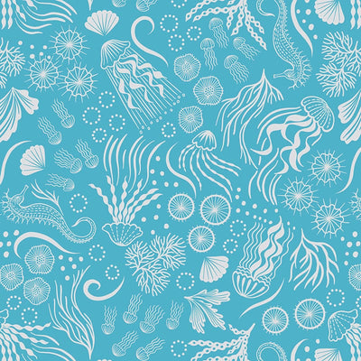 Lewis And Irene Moontide Fabric Silver Metallic Under The Sea On Blue