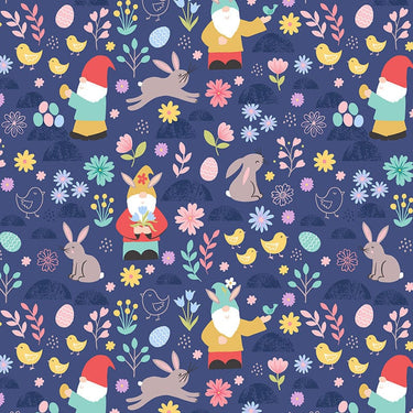 Lewis And Irene Spring Treats Fabric Spring Gnomes On Dark Blue A588-3