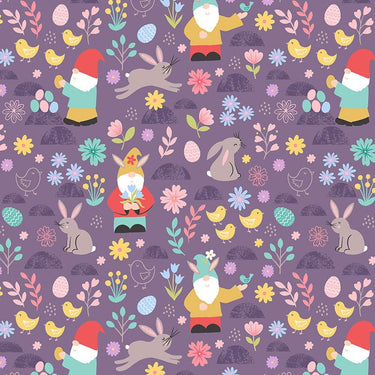 Lewis And Irene Spring Treats Fabric Spring Gnomes On Dark Lavender A588-2