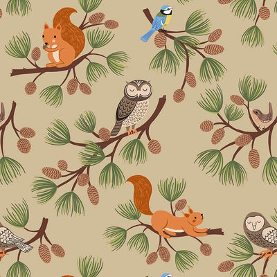 Lewis And Irene Evergreen Fabric Pine Cone Branches On Beige A691.2