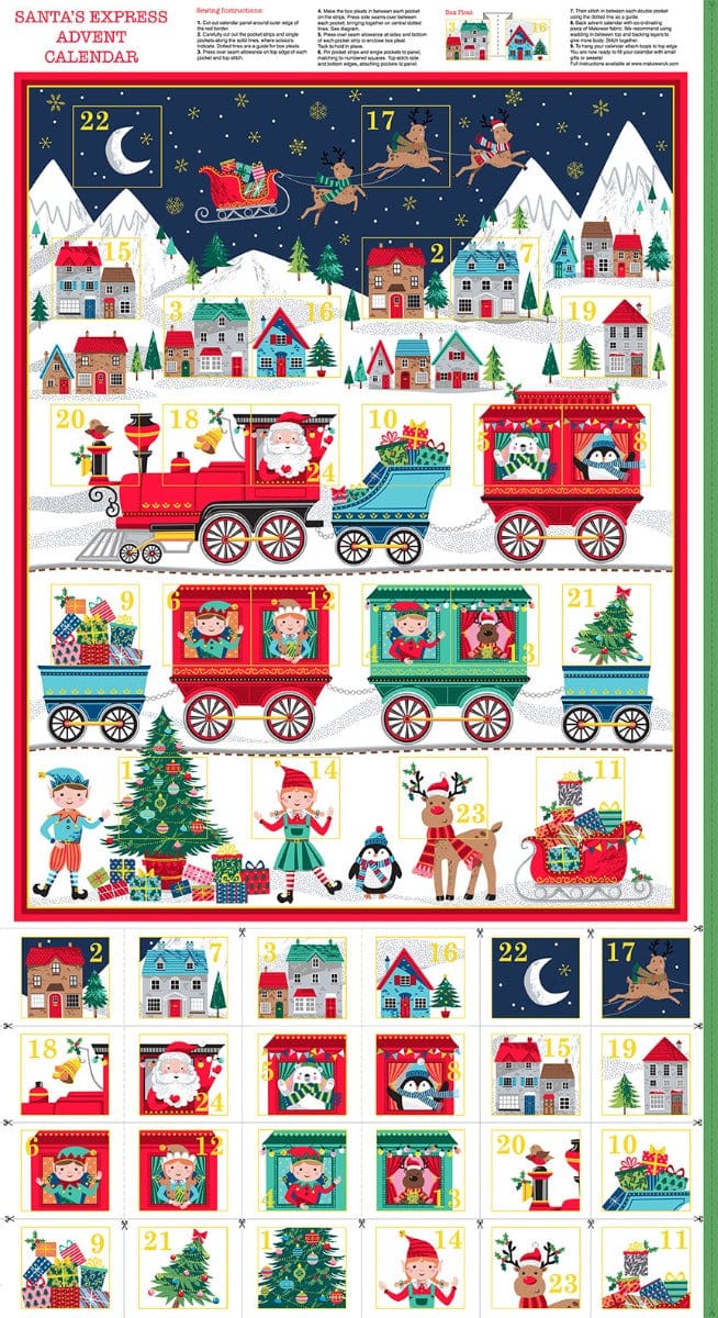 Multi-coloured Christmas, Animals Makower Fabric Panels & Labels Makower Christmas Fabric Santa Express Advent Calendar Panel 2387 - The Sewing Studio