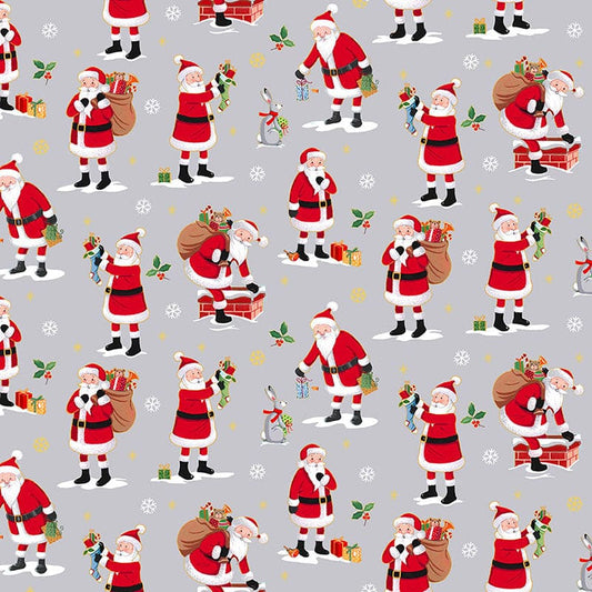 Makower Merry Christmas Santa On Grey Fabric 2480/S