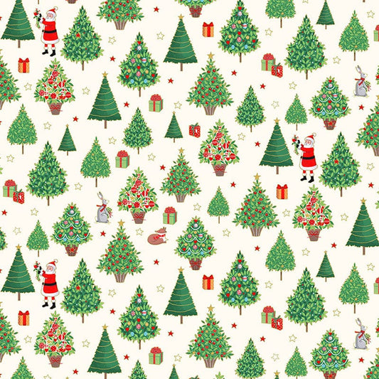 Makower Merry Christmas Christmas Trees Cream Fabric 2481/Q