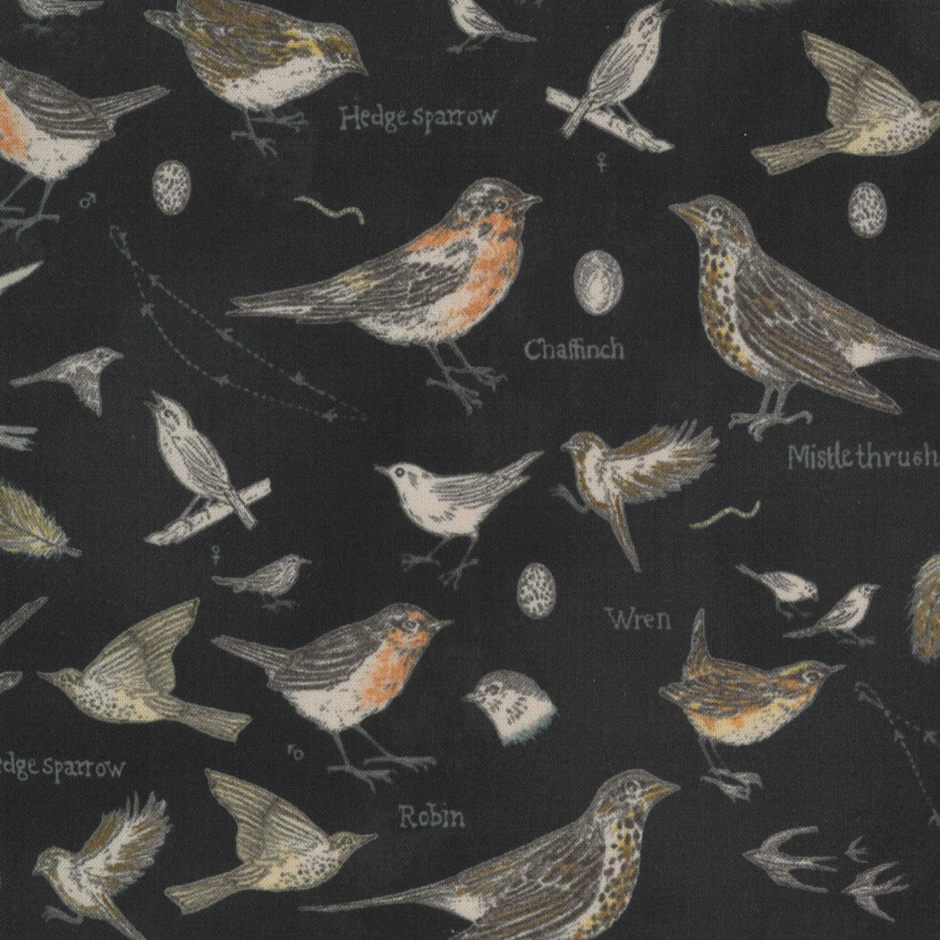 Moda Fabric Botanicals Birds Charcoal 16910 16