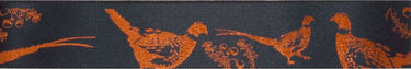 Satin Ribbon: Pheasants Copper on Black: 25mm wide: Price per metre.