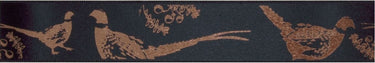 Satin ribbon: Pheasants Rose Gold on Black: 25mm wide: Price per metre.