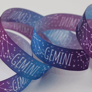 Zodiac Star Sign Ribbon: Gemini: 15mm wide. Price per metre.