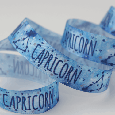 Zodiac Star Sign Ribbon: Capricorn: 15mm wide. Price per metre.