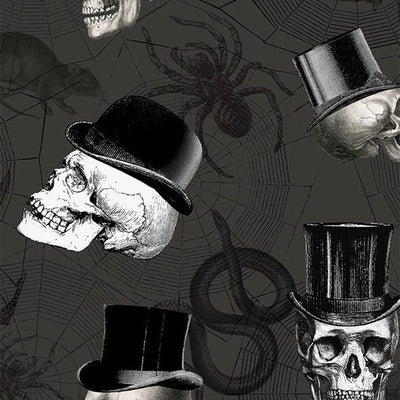 Wicked Fabric Skulls in Top Hats Charcoal CG1445-CHARCOAL