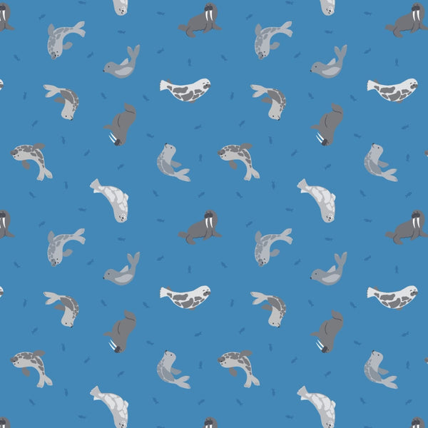 Lewis and Irene Fabric Small Things Polar Animals Seals Surf Blue
