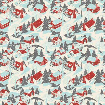 Makower Christmas Fabric Retro HoHo Winter Village Artic Blue A574B